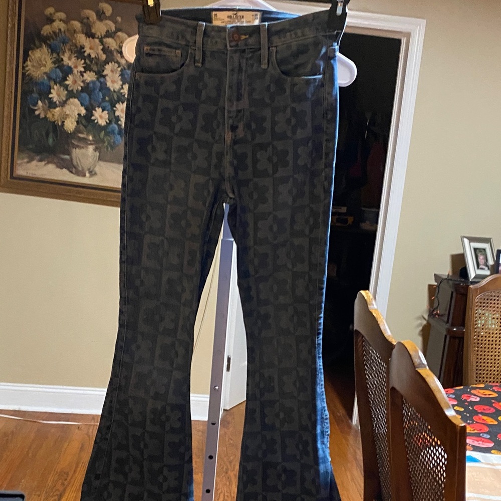 Hollister Dark Blue Floral Pattern Flare Jeans